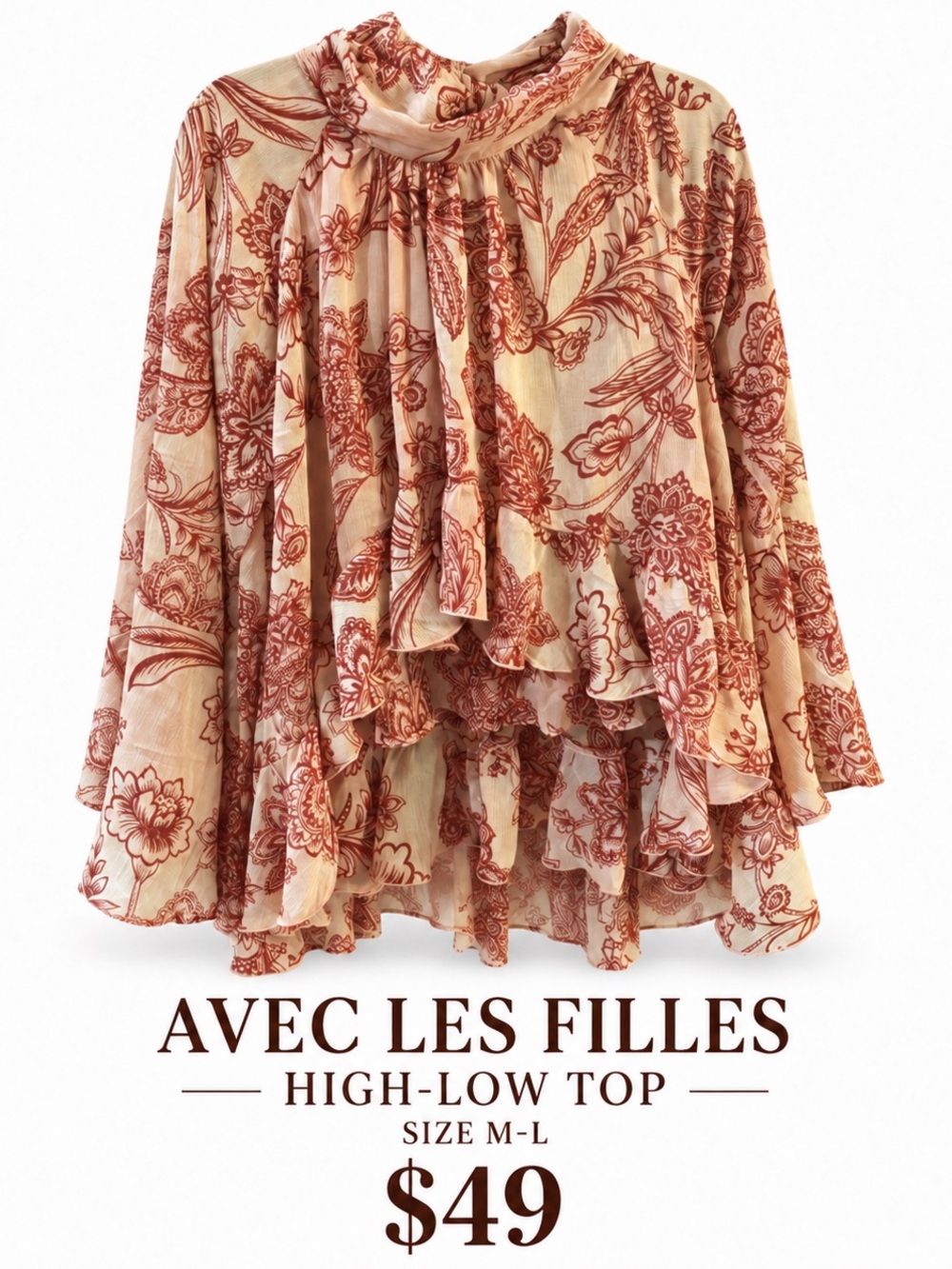 Avec Les Filles Cream and Rust Floral High-Low Blouse